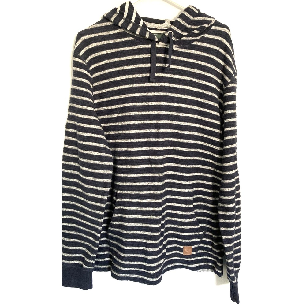 Roots Canada Sweater Mens M Blue Striped Hooded Cotton Knit Kangaroo Pocket